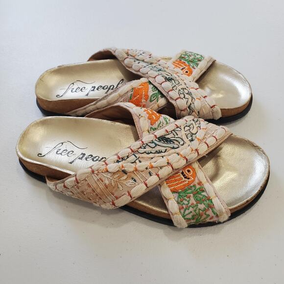 Free People Sandals Womens 6.5 37 Beige Embroidered Cross Strap Cork Slides Fish - Picture 1 of 10